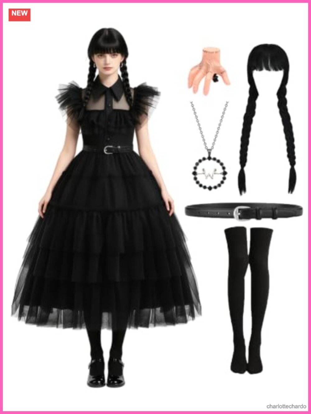 6pc Adult Halloween Costume Set Dress Wig Necklace Socks Hairpin